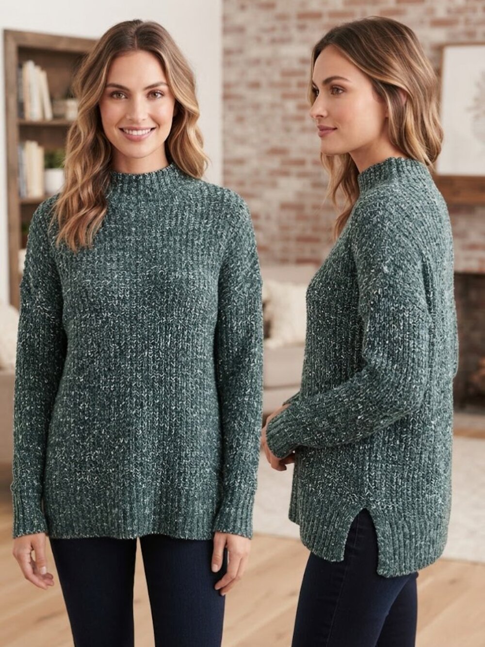 Maurices Heather Green White Crewneck Knitted Sweater - Size Small